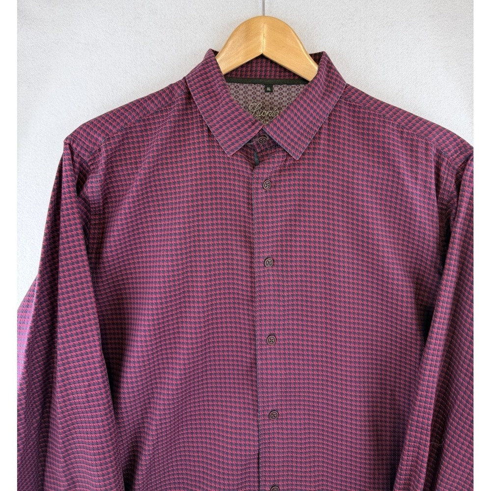 Luchiano Visconti Shirt Men XL Maroon Navy Houndstooth Long Sleeve Button‎ Up